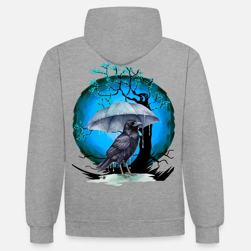 Arbre, Fleur De Cerisier, Oiseau - Sweat à capuche contrasté - gris chiné/bleu marine
