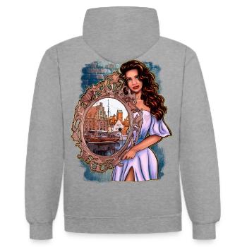 Wismar Illustration Woman with Mirror - Contrast hoodie - heather grey/navy - Back - Luana (180cm)