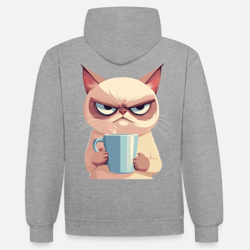 Grumpy-Stil: Grantige Katze mit Kaffee - Kontrast-Hoodie - Grau meliert/Navy