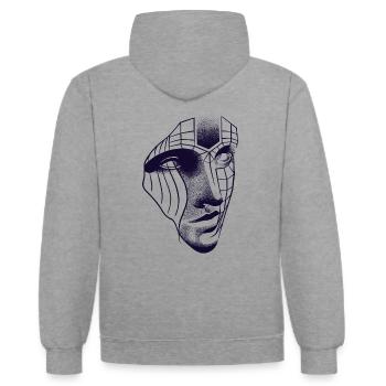 Visage robotique dessin 3D lignes & dotwork art - Sweat à capuche contrasté - gris chiné/bleu marine - Dos - Luana (180cm)