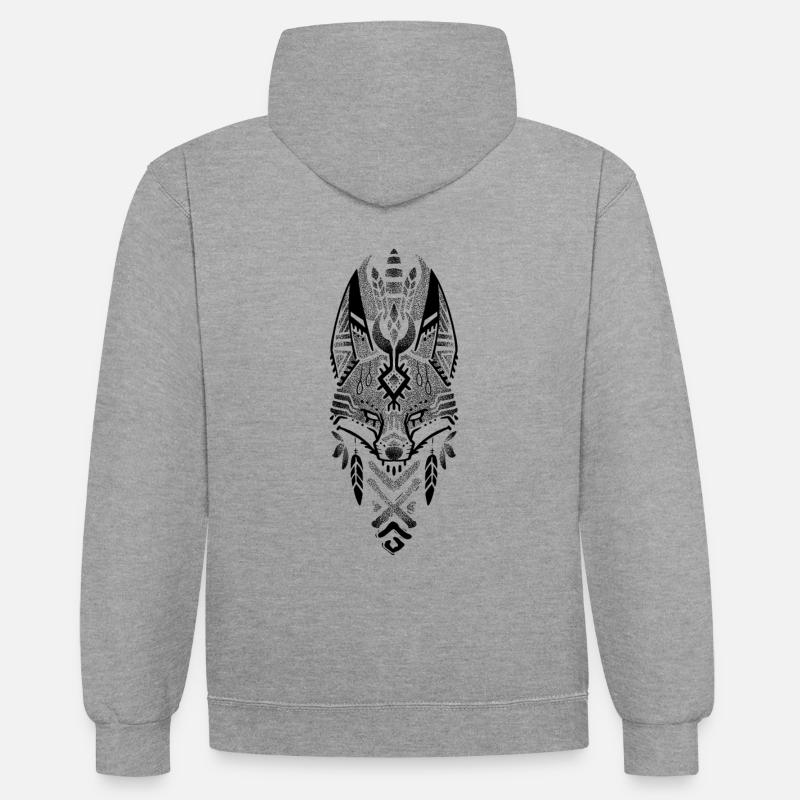 Renard tribal drowork noir - Sweat à capuche contrasté - gris chiné/bleu marine
