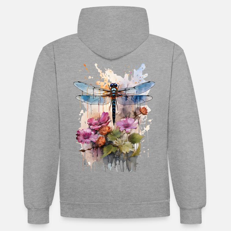 Libellule comme aquarelle - Sweat à capuche contrasté - gris chiné/bleu marine