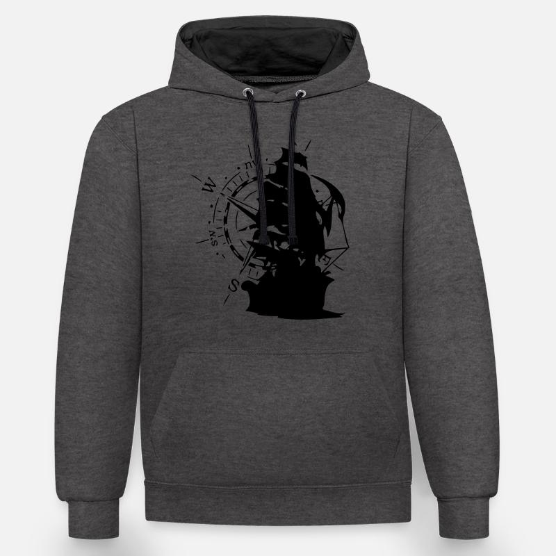 WindRose mit Segelschiff | Freizeimode Bstyled - Kontrast-Hoodie - Anthrazit/Schwarz