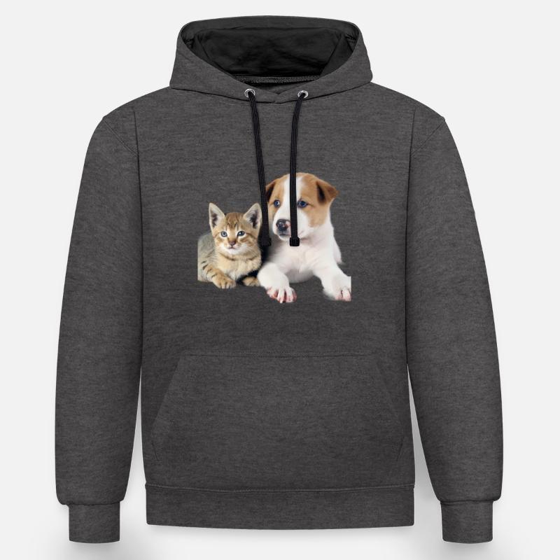 Chiot et chaton mignons - Sweat à capuche contrasté - anthracite/noir
