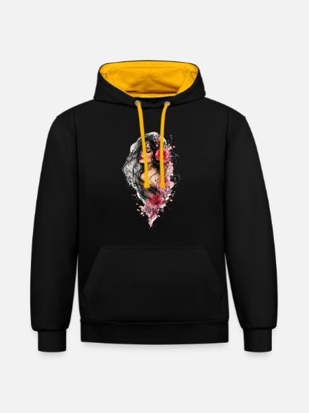 Frau mit schwarzem Schleier und Blüten - Kontrast-Hoodie - Schwarz/Gold