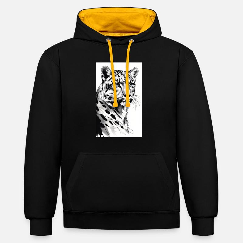 Schneeleopard | Leopard | Raubtier - Kontrast-Hoodie - Schwarz/Gold