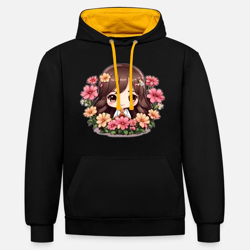 Une chibi en fleurs - Sweat à capuche contrasté - noir/or