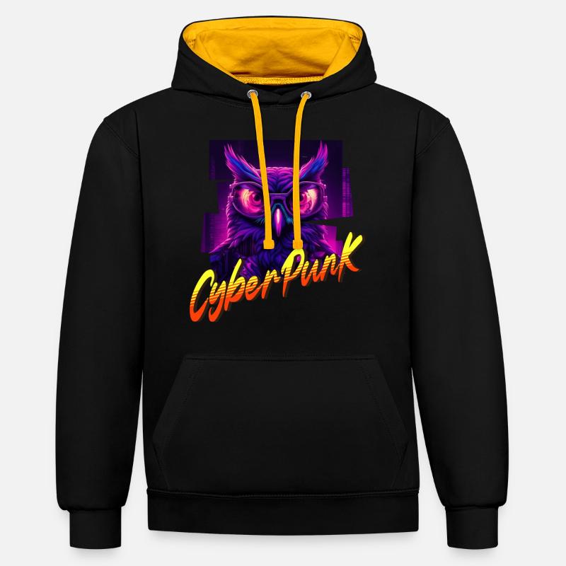Cyberpunk-Eule - Kontrast-Hoodie - Schwarz/Gold