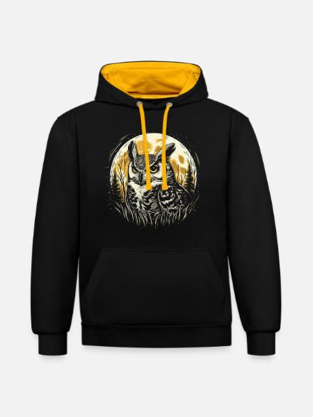 Uhu mit Vollmond - Kontrast-Hoodie - Schwarz/Gold