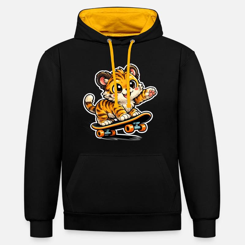 Aventure mignonne sur skateboard tigre - Sweat à capuche contrasté - noir/or