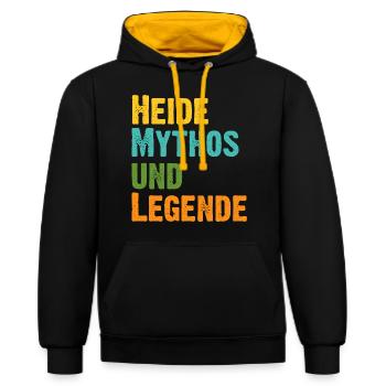 Mythos Heide die Legende Vorname Heide - Kontrast-Hoodie - Schwarz/Gold - Vorne - Anna (173cm) & Nico (186cm)