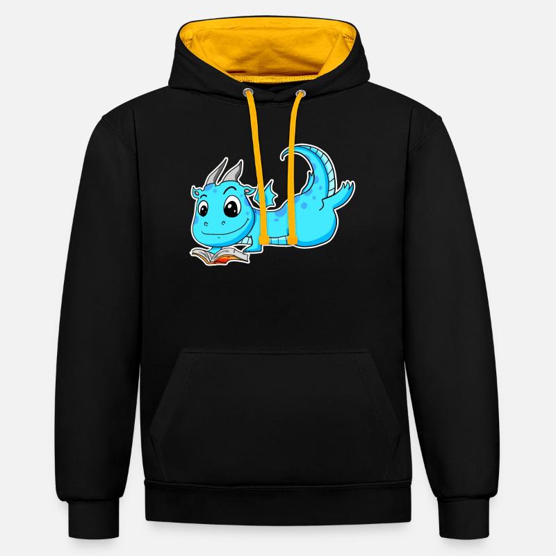 Drache Buch Lesen - Kontrast-Hoodie - Schwarz/Gold