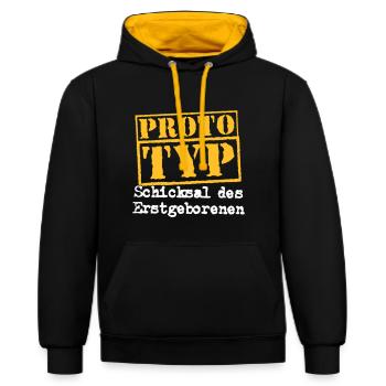 Prototyp Erstgeborener Geburt Geschwister Spruch - Kontrast-Hoodie - Schwarz/Gold - Vorne - Anna (173cm) & Nico (186cm)
