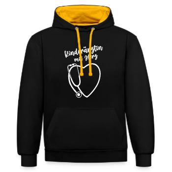 Kinderärztin mit Herz Stethoskop Doktorin Kinder - Kontrast-Hoodie - Schwarz/Gold - Vorne - Anna (173cm) & Nico (186cm)