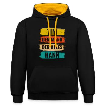 Tim Der Mann Der Alles Kann Vorname Tim - Kontrast-Hoodie - Schwarz/Gold - Vorne - Anna (173cm) & Nico (186cm)