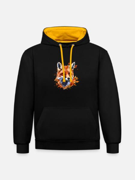 Herbst-Aquarell-Fuchs - Kontrast-Hoodie - Schwarz/Gold