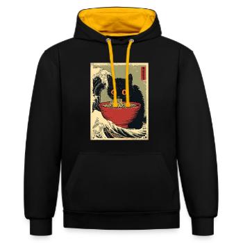 Süße Katze Ramen Nudeln Japan Welle Retro Geschenk - Kontrast-Hoodie - Schwarz/Gold - Vorne - Anna (173cm) & Nico (186cm)