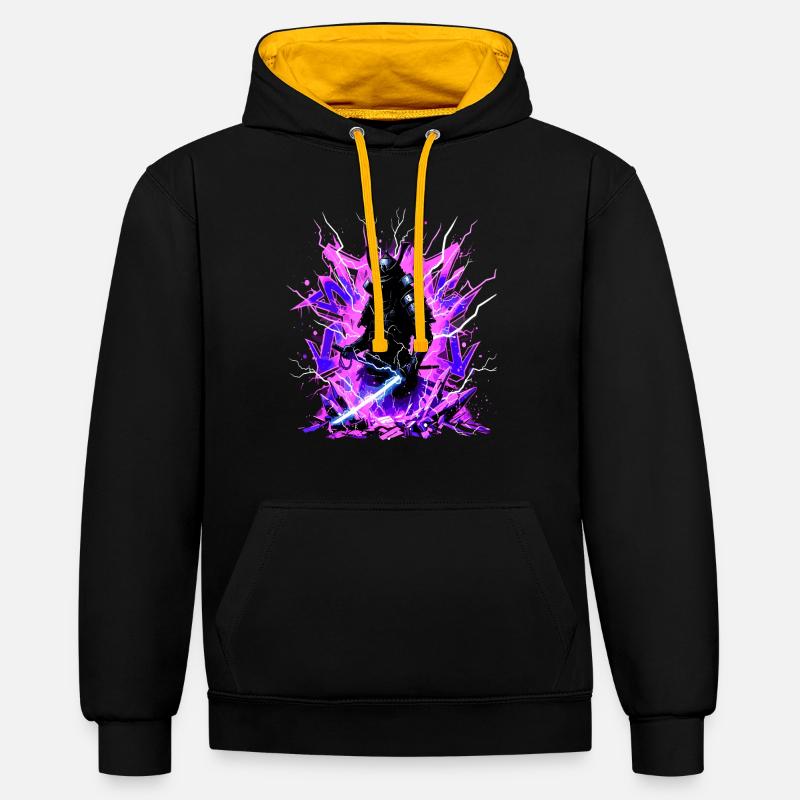 Cyber Samurai – Synthwave Katana Geist - Kontrast-Hoodie - Schwarz/Gold
