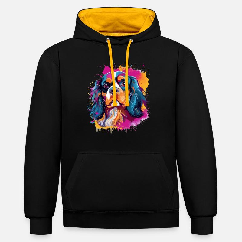 Chien épagneul, Cavalier King Charles - Sweat à capuche contrasté - noir/or