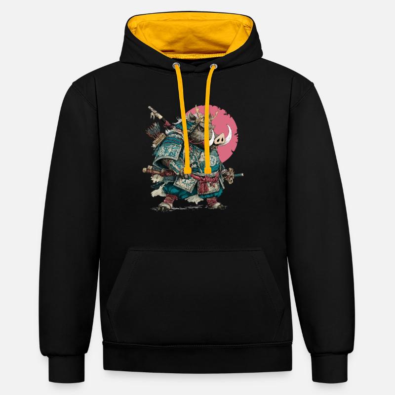 Boar Samurai in Teal Armor - Contrast hoodie - black/gold