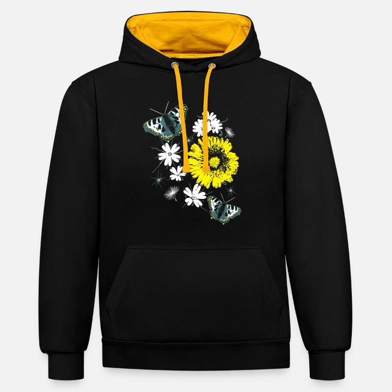 Fleurs Chrysanthèmes Papillons Été - Sweat à capuche contrasté - noir/or