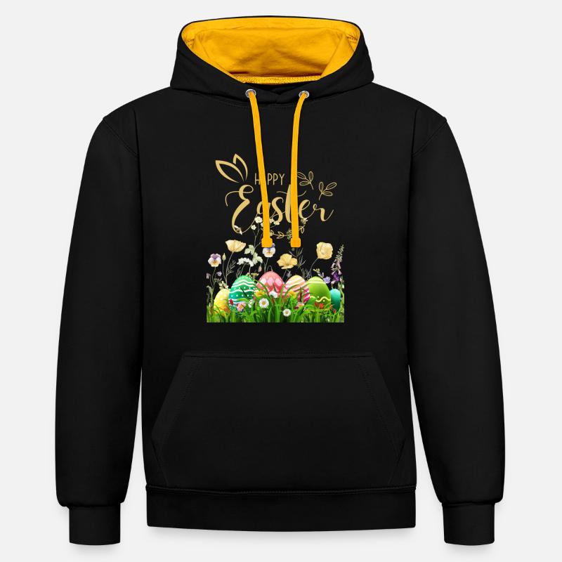 Pâques dorées - Fleurs et œufs - Sweat à capuche contrasté - noir/or
