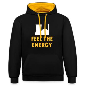 Feel the energy (Atomkraftwerk) - Kontrast-Hoodie - Schwarz/Gold - Vorne - Anna (173cm) & Nico (186cm)