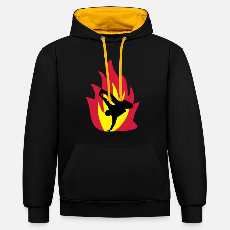 Breakdancer im Feuer - Kontrast-Hoodie - Schwarz/Gold
