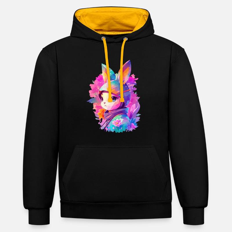 Manchon de lapin à l’aquarelle avec des fleurs - Sweat à capuche contrasté - noir/or