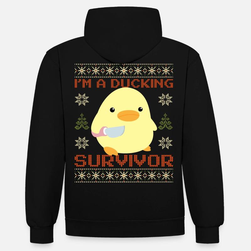 Canard avec couteau Meme - Canard survivant Noël - Sweat à capuche contrasté - noir/or