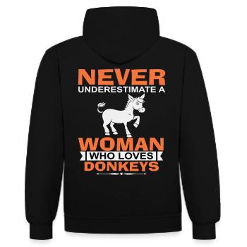 Never underestimate a woman who loves donkeys - Contrast hoodie - black/gold - Back - Anna (173cm)