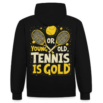 Tennis T-Shirt Young or Old Tennis is Gold - Kontrast-Hoodie - Schwarz/Gold - Hinten - Anna (173cm)