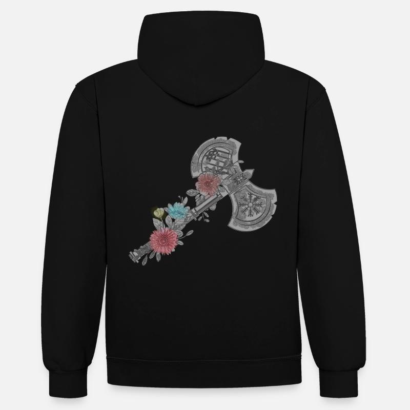 Vikings celtiques avec fleurs Double Axe Design - Sweat à capuche contrasté - noir/or