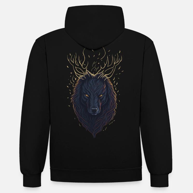 Mystischer Wolf mit Geweih - Kontrast-Hoodie - Schwarz/Gold