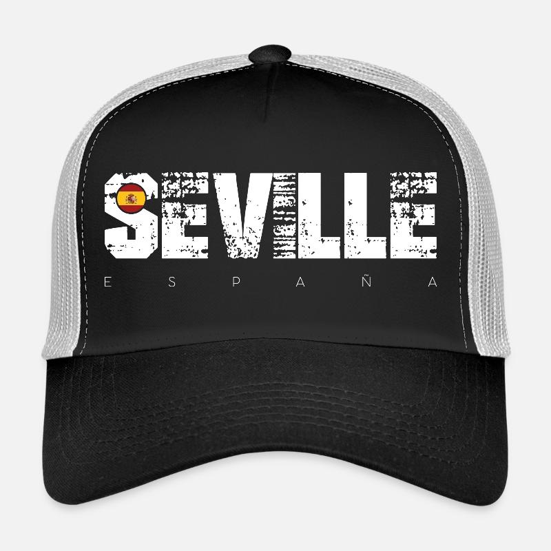 Sevilla Distressed Typografie mit Flagge - Trucker Cap - Schwarz/Steingrau