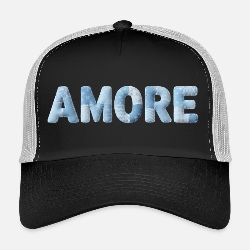 Amore Schriftzug Patchwork Design Blau Trucker Cap
