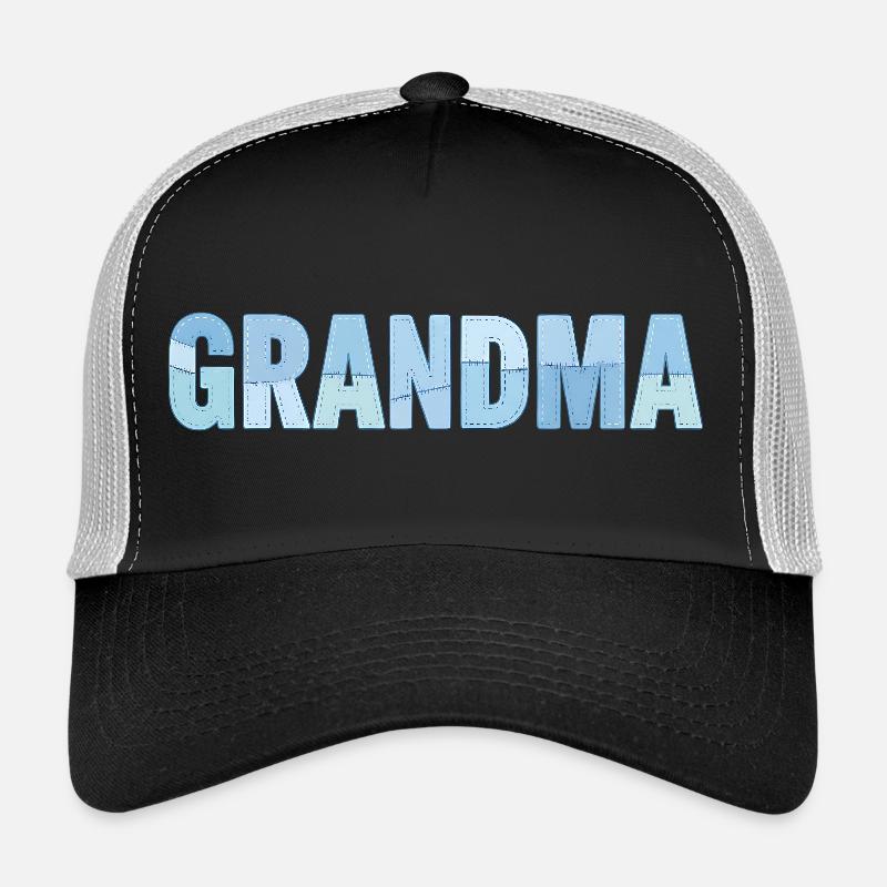 Nähte der Oma – Blau gestickt Patchwork - Trucker Cap - Schwarz/Steingrau