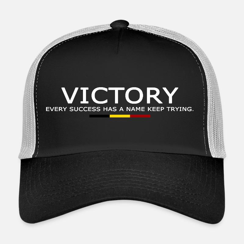 Victory EVERY SUCCESS HAS A NAME KEEP TRYING BELGE Trucker Cap