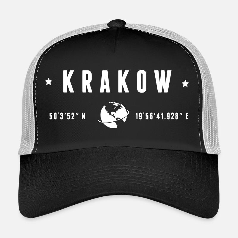 Krakow Coordonnées GPS Globe Typographie Blanc Casquette trucker 