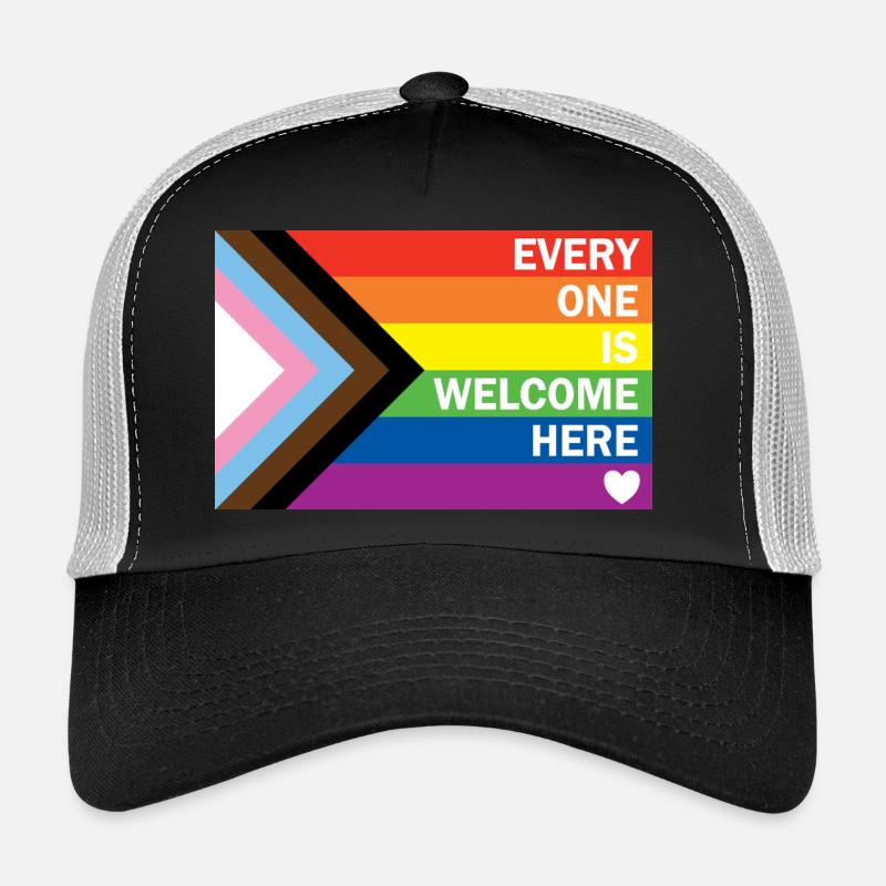 Progress Pride Flag – Everyone Is Welcome Here  - Trucker Cap - Schwarz/Steingrau