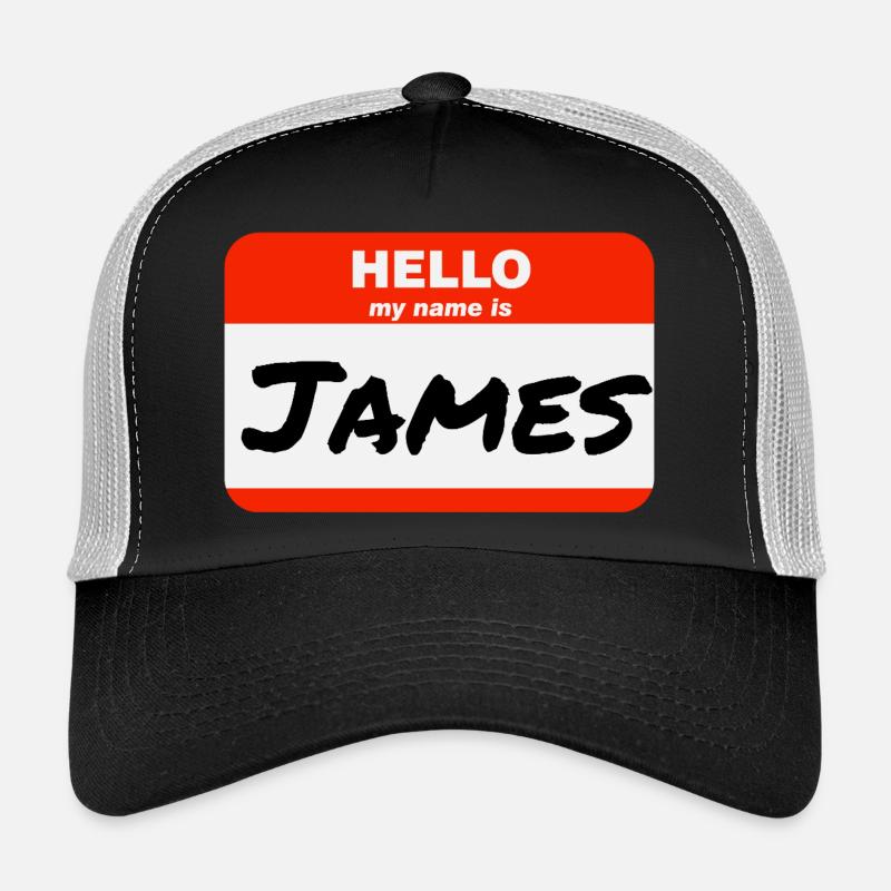 Hello My Name Is James Red Label with First Name Trucker Cap