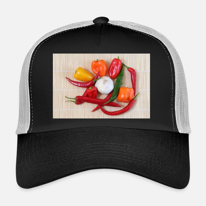Bunte Chilischoten und Knoblauch - Trucker Cap - Schwarz/Steingrau