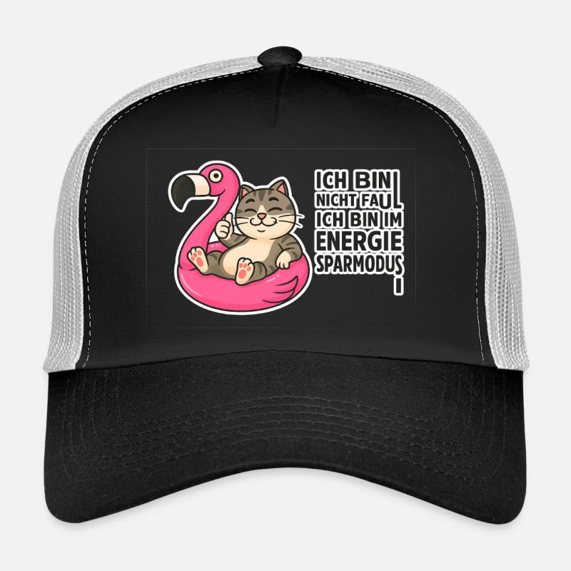 Cat on Flamingo: Power Saving Mode Trucker Cap