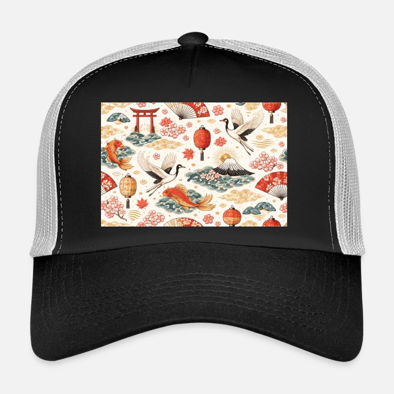 Koi und Kraniche in der japanischen Landschaft - Trucker Cap - Schwarz/Steingrau
