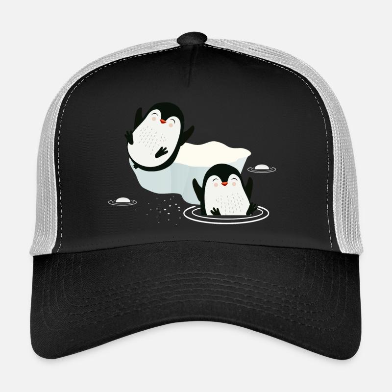 Two penguins playing in the water with floe Trucker Cap