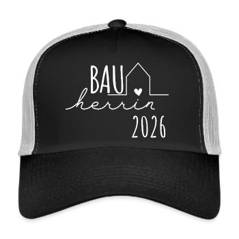 Bauherrin 2026 - Bauherren Partnerlook Hausbau - Trucker Cap - Schwarz/Steingrau - Vorne