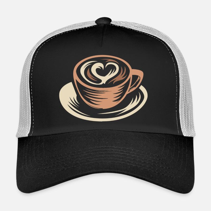 Stylisierte Kaffeetasse mit Latte Art Herz - Trucker Cap - Schwarz/Steingrau
