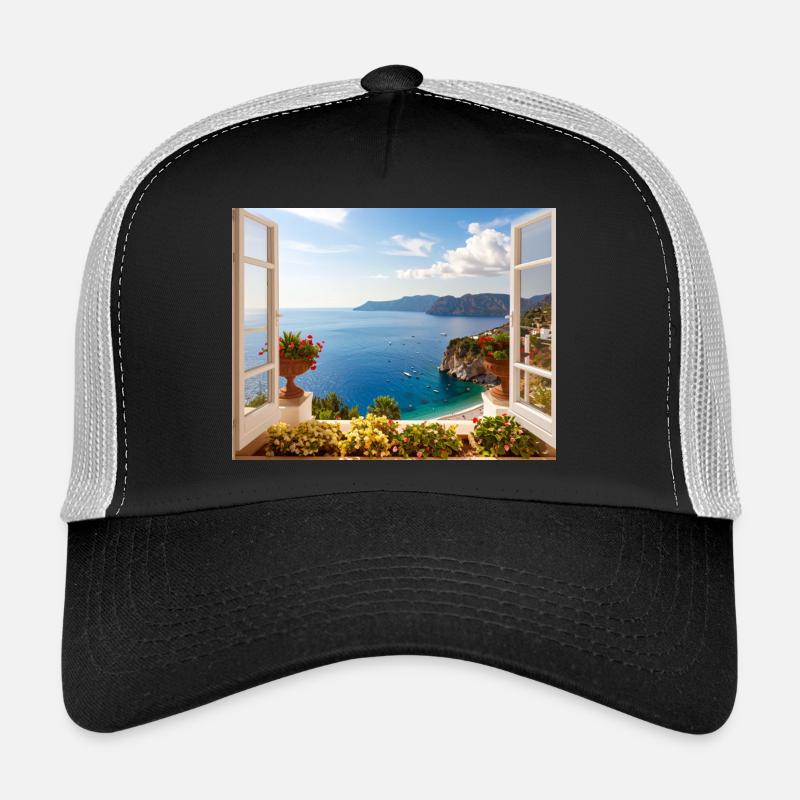 Panoramablick auf die Mittelmeerküste - Trucker Cap - Schwarz/Steingrau