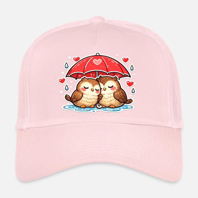 Cuddly owls under red umbrella Trucker Cap