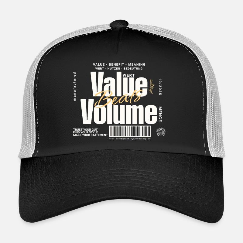 Value Beats Volume – Statement Design (Dunkel) - Trucker Cap - Schwarz/Steingrau